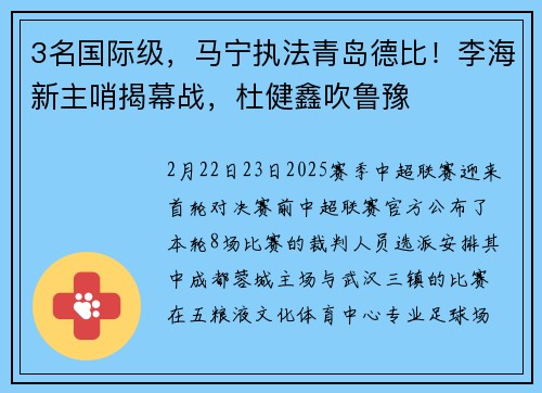 3名国际级，马宁执法青岛德比！李海新主哨揭幕战，杜健鑫吹鲁豫