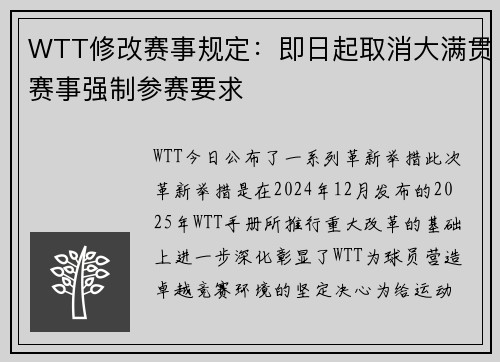 WTT修改赛事规定：即日起取消大满贯赛事强制参赛要求