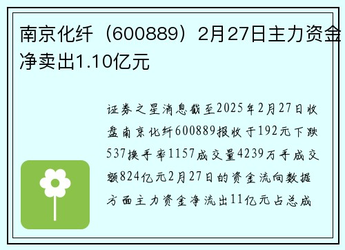 南京化纤（600889）2月27日主力资金净卖出1.10亿元
