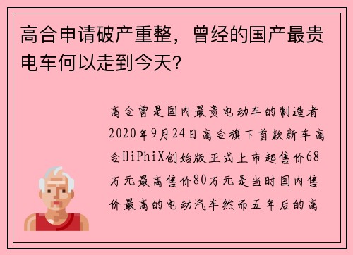 高合申请破产重整，曾经的国产最贵电车何以走到今天？