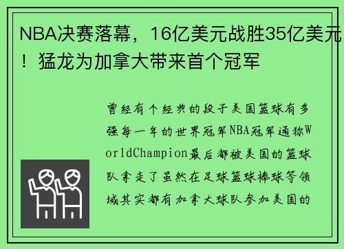 NBA决赛落幕，16亿美元战胜35亿美元！猛龙为加拿大带来首个冠军