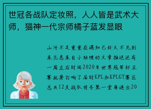 世冠各战队定妆照，人人皆是武术大师，猫神一代宗师橘子蓝发显眼