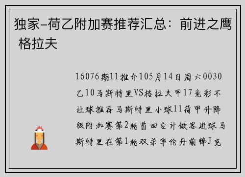 独家-荷乙附加赛推荐汇总：前进之鹰 格拉夫