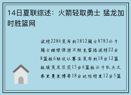 14日夏联综述：火箭轻取勇士 猛龙加时胜篮网