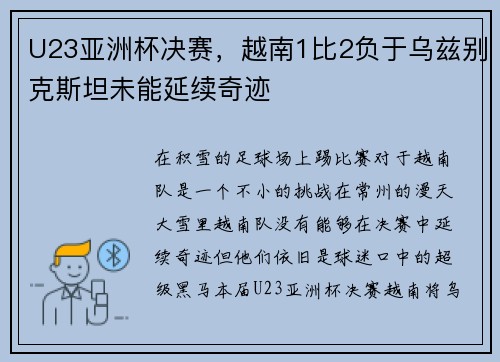U23亚洲杯决赛，越南1比2负于乌兹别克斯坦未能延续奇迹