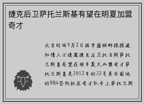 捷克后卫萨托兰斯基有望在明夏加盟奇才